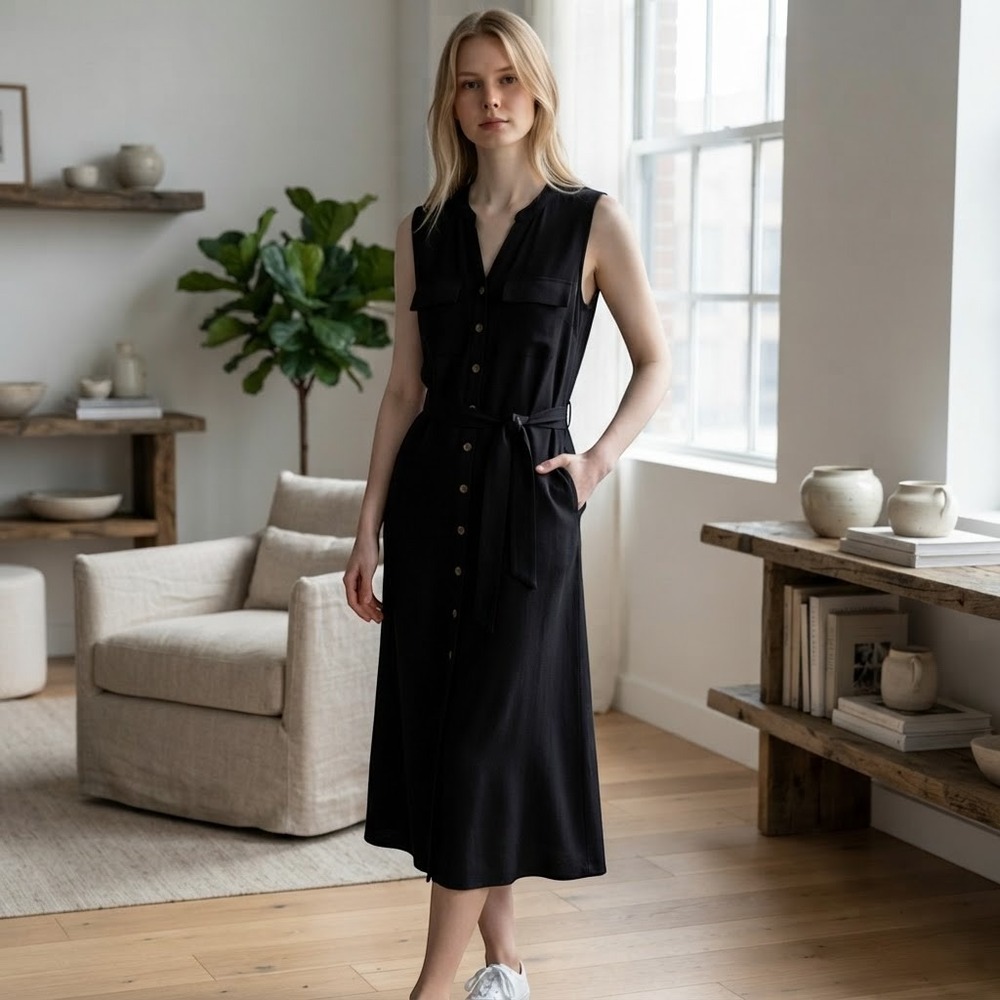 Croft & Barrow Black Sleeveless Button Front Belted Midi Shirt Dress Large